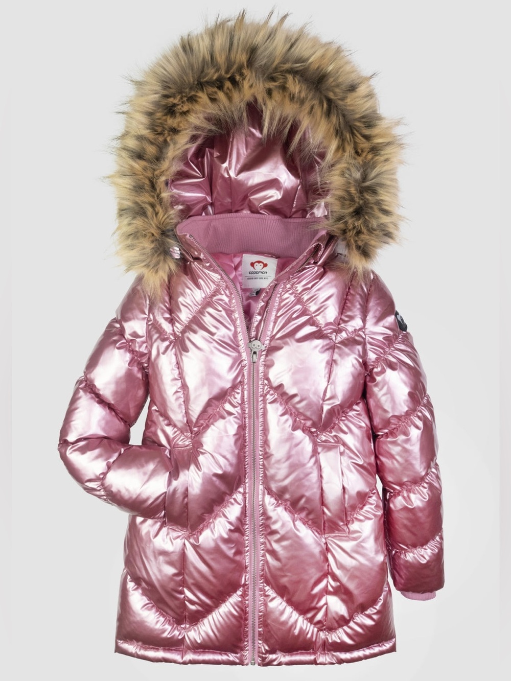 Appaman Girls’ Nova Long Coat in Metallic Rose Pink with Faux Fur Hood